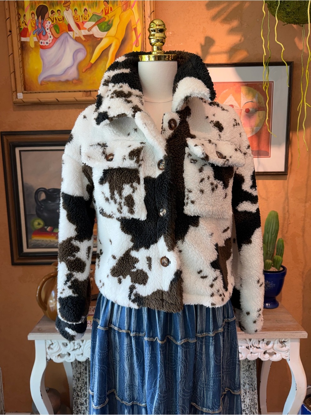 BLACK BROWN WHITE Cow Print Plush Shacket Button Front Cozy Jacket